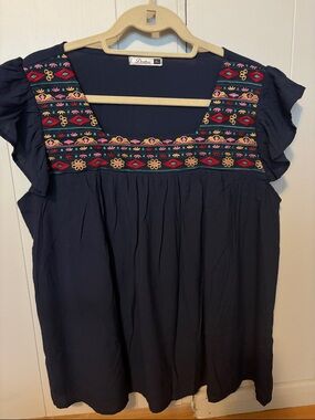 Navy Embroidered Square-Neck Women's Top